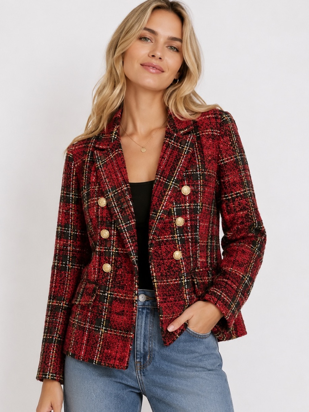 98. New Red Plaid Double-Breasted Tweed Blazer Jacket